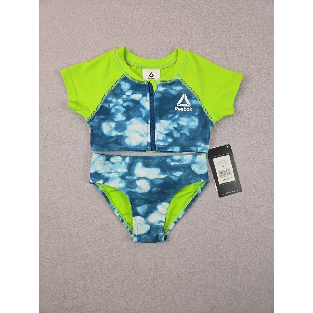 Reebok Girls Crop Swim Top Size 2T Blue/Green Neon Trim UPF Activewear